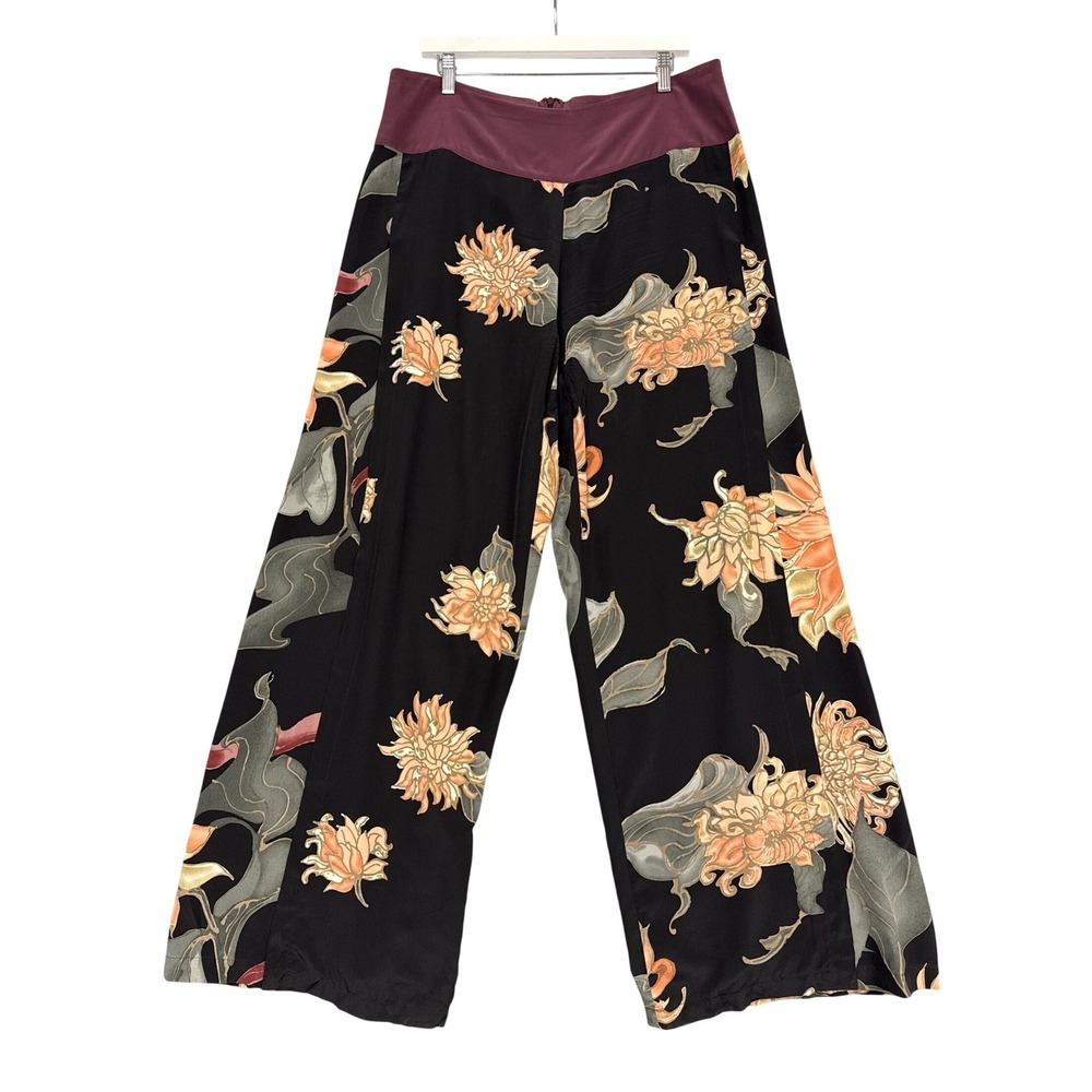Wide Leg Floral Print Pants with Burgundy Waistband